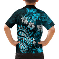 Fiji Masi Paisley Family Matching Off Shoulder Short Dress and Hawaiian Shirt Fijian Hibiscus Tapa Sky Blue Version LT01 - Polynesian Pride