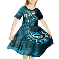Fiji Masi Paisley Kid Short Sleeve Dress Fijian Hibiscus Tapa Sky Blue Version LT01 - Polynesian Pride