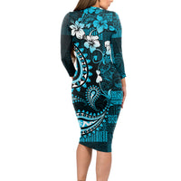 Fiji Masi Paisley Long Sleeve Bodycon Dress Fijian Hibiscus Tapa Sky Blue Version LT01 - Polynesian Pride