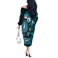 Fiji Masi Paisley Off The Shoulder Long Sleeve Dress Fijian Hibiscus Tapa Sky Blue Version LT01 - Polynesian Pride