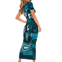 Fiji Masi Paisley Short Sleeve Bodycon Dress Fijian Hibiscus Tapa Sky Blue Version LT01 - Polynesian Pride