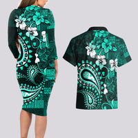 Fiji Masi Paisley Couples Matching Long Sleeve Bodycon Dress and Hawaiian Shirt Fijian Hibiscus Tapa Turquoise Version LT01 - Polynesian Pride