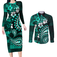 Fiji Masi Paisley Couples Matching Long Sleeve Bodycon Dress and Long Sleeve Button Shirt Fijian Hibiscus Tapa Turquoise Version LT01 Turquoise - Polynesian Pride