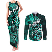 Fiji Masi Paisley Couples Matching Tank Maxi Dress and Long Sleeve Button Shirt Fijian Hibiscus Tapa Turquoise Version LT01 Turquoise - Polynesian Pride