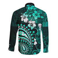 Fiji Masi Paisley Long Sleeve Button Shirt Fijian Hibiscus Tapa Turquoise Version LT01 - Polynesian Pride