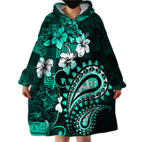 Fiji Masi Paisley Wearable Blanket Hoodie Fijian Hibiscus Tapa Turquoise Version LT01 - Polynesian Pride