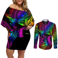 LGBT History Month Couples Matching Off Shoulder Short Dress and Long Sleeve Button Shirt Polynesian Hammerhead Shark LT01 Rainbow - Polynesian Pride