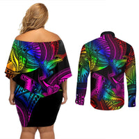 LGBT History Month Couples Matching Off Shoulder Short Dress and Long Sleeve Button Shirt Polynesian Hammerhead Shark LT01 - Polynesian Pride
