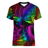 LGBT History Month Women V Neck T Shirt Polynesian Hammerhead Shark LT01 Female Rainbow - Polynesian Pride