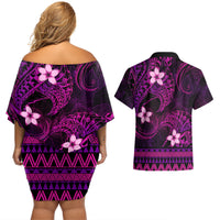 FSM Chuuk State Couples Matching Off Shoulder Short Dress and Hawaiian Shirt Tribal Pattern Pink Version LT01 - Polynesian Pride