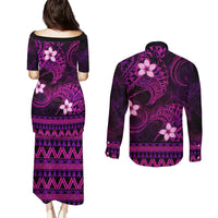 FSM Chuuk State Couples Matching Puletasi and Long Sleeve Button Shirt Tribal Pattern Pink Version LT01 - Polynesian Pride