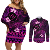 FSM Kosrae State Couples Matching Off Shoulder Short Dress and Long Sleeve Button Shirt Tribal Pattern Pink Version LT01 Pink - Polynesian Pride