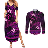 FSM Kosrae State Couples Matching Summer Maxi Dress and Long Sleeve Button Shirt Tribal Pattern Pink Version LT01 Pink - Polynesian Pride