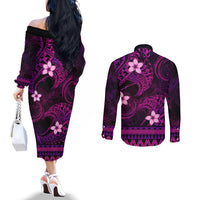 FSM Pohnpei State Couples Matching Off The Shoulder Long Sleeve Dress and Long Sleeve Button Shirt Tribal Pattern Pink Version LT01 - Polynesian Pride