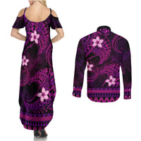 FSM Pohnpei State Couples Matching Summer Maxi Dress and Long Sleeve Button Shirt Tribal Pattern Pink Version LT01 - Polynesian Pride