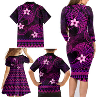 FSM Yap State Family Matching Long Sleeve Bodycon Dress and Hawaiian Shirt Tribal Pattern Pink Version LT01 - Polynesian Pride