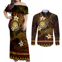 FSM Culture Day Couples Matching Off Shoulder Maxi Dress and Long Sleeve Button Shirt Tribal Pattern Gold Version LT01 Gold - Polynesian Pride