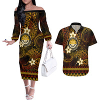 FSM Culture Day Couples Matching Off The Shoulder Long Sleeve Dress and Hawaiian Shirt Tribal Pattern Gold Version LT01 Gold - Polynesian Pride