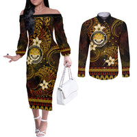 FSM Culture Day Couples Matching Off The Shoulder Long Sleeve Dress and Long Sleeve Button Shirt Tribal Pattern Gold Version LT01 Gold - Polynesian Pride