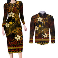 FSM Pohnpei State Couples Matching Long Sleeve Bodycon Dress and Long Sleeve Button Shirt Tribal Pattern Gold Version LT01 Gold - Polynesian Pride