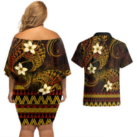 FSM Pohnpei State Couples Matching Off Shoulder Short Dress and Hawaiian Shirt Tribal Pattern Gold Version LT01 - Polynesian Pride