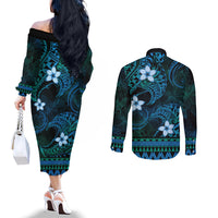 FSM Culture Day Couples Matching Off The Shoulder Long Sleeve Dress and Long Sleeve Button Shirt Tribal Pattern Ocean Version LT01 - Polynesian Pride