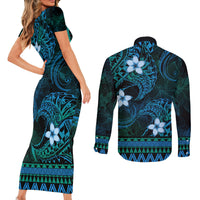 FSM Culture Day Couples Matching Short Sleeve Bodycon Dress and Long Sleeve Button Shirt Tribal Pattern Ocean Version LT01 - Polynesian Pride