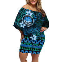 FSM Culture Day Family Matching Off Shoulder Short Dress and Hawaiian Shirt Tribal Pattern Ocean Version LT01 Mom's Dress Blue - Polynesian Pride