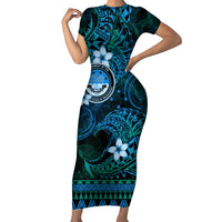 FSM Culture Day Short Sleeve Bodycon Dress Tribal Pattern Ocean Version LT01 Long Dress Blue - Polynesian Pride
