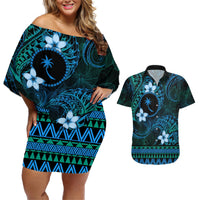 FSM Chuuk State Couples Matching Off Shoulder Short Dress and Hawaiian Shirt Tribal Pattern Ocean Version LT01 Blue - Polynesian Pride