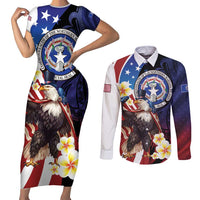 Personalized Northern Mariana Islands 4th of July Couples Matching Short Sleeve Bodycon Dress and Long Sleeve Button Shirt Plumeria USA Eagle