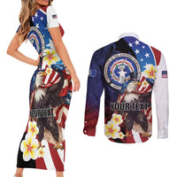 Personalized Northern Mariana Islands 4th of July Couples Matching Short Sleeve Bodycon Dress and Long Sleeve Button Shirt Plumeria USA Eagle