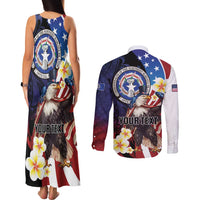 Personalized Northern Mariana Islands 4th of July Couples Matching Tank Maxi Dress and Long Sleeve Button Shirt Plumeria USA Eagle