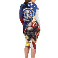 Personalized Northern Mariana Islands 4th of July Long Sleeve Bodycon Dress Plumeria USA Eagle
