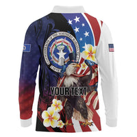 Personalized Northern Mariana Islands 4th of July Long Sleeve Polo Shirt Plumeria USA Eagle
