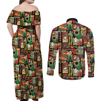 Hawaiian Santa Christmas Pattern Couples Matching Off Shoulder Maxi Dress and Long Sleeve Button Shirt Black Version - Polynesian Pride