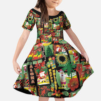 Hawaiian Santa Christmas Pattern Kid Short Sleeve Dress Black Version - Polynesian Pride