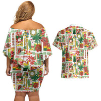 Hawaiian Santa Christmas Pattern Couples Matching Off Shoulder Short Dress and Hawaiian Shirt White Version - Polynesian Pride