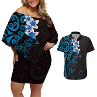 New Zealand Tuatara Plumeria Couples Matching Off Shoulder Short Dress and Hawaiian Shirt Maori Blue Koru Tribal Tattoo