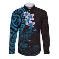 New Zealand Tuatara Plumeria Long Sleeve Button Shirt Maori Blue Koru Tribal Tattoo