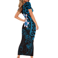 New Zealand Tuatara Plumeria Short Sleeve Bodycon Dress Maori Blue Koru Tribal Tattoo