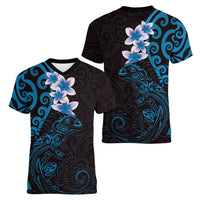 New Zealand Tuatara Plumeria Women V-Neck T-Shirt Maori Blue Koru Tribal Tattoo