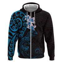 New Zealand Tuatara Plumeria Zip Hoodie Maori Blue Koru Tribal Tattoo