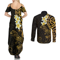 New Zealand Tuatara Plumeria Couples Matching Summer Maxi Dress and Long Sleeve Button Shirt Maori Gold Koru Tribal Tattoo