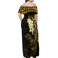 New Zealand Tuatara Plumeria Off Shoulder Maxi Dress Maori Gold Koru Tribal Tattoo