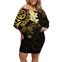 New Zealand Tuatara Plumeria Off Shoulder Short Dress Maori Gold Koru Tribal Tattoo