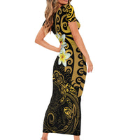 New Zealand Tuatara Plumeria Short Sleeve Bodycon Dress Maori Gold Koru Tribal Tattoo