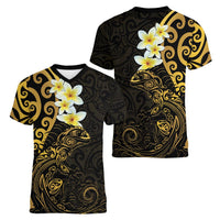 New Zealand Tuatara Plumeria Women V-Neck T-Shirt Maori Gold Koru Tribal Tattoo