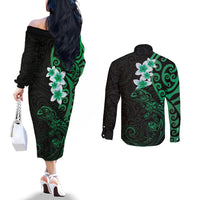 New Zealand Tuatara Plumeria Couples Matching Off The Shoulder Long Sleeve Dress and Long Sleeve Button Shirt Maori Green Koru Tribal Tattoo