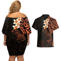 New Zealand Tuatara Plumeria Couples Matching Off Shoulder Short Dress and Hawaiian Shirt Maori Orange Koru Tribal Tattoo